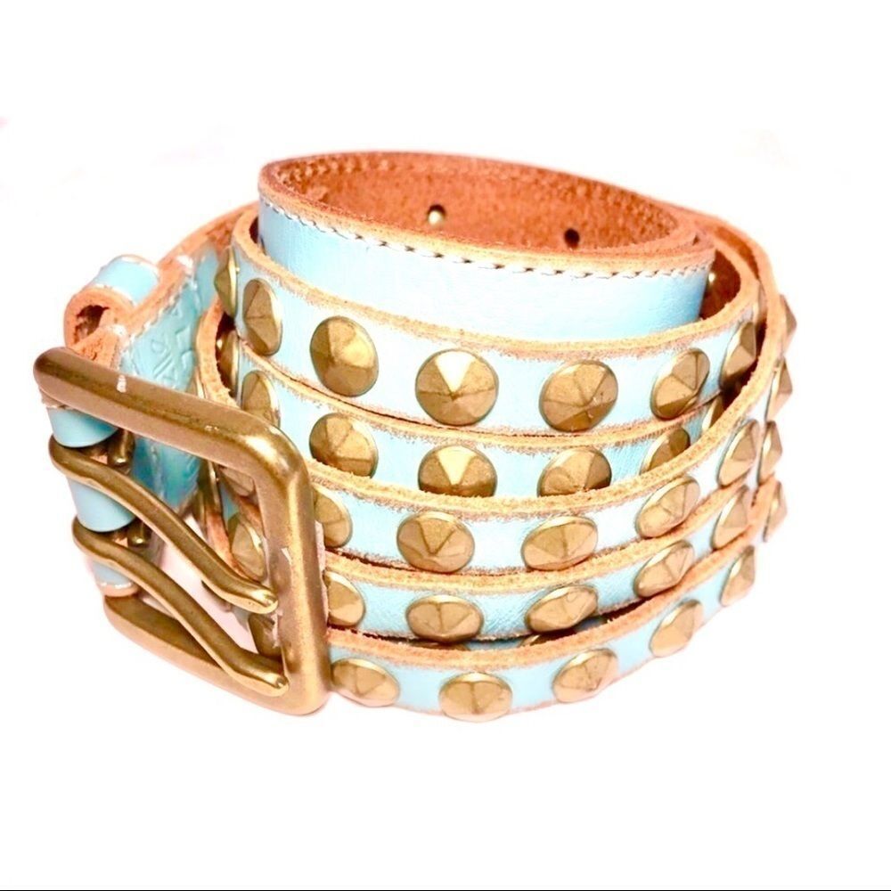 Vintage Y2K Linea Pelle Italian leather studded belt, blue.